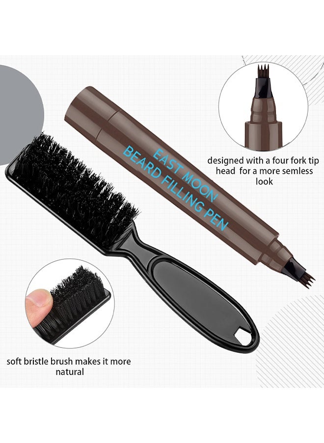 East Moon Beard Pencil Filler For Men, Waterproof High Coverage Beard Pen Kit With Beard Brush, Natural Looking Mustache, Sweatproof Long Lasting Mustache Eyebrows Repair Pen With 4 Micro-Fork Tips (Dark Brown) - Image 2